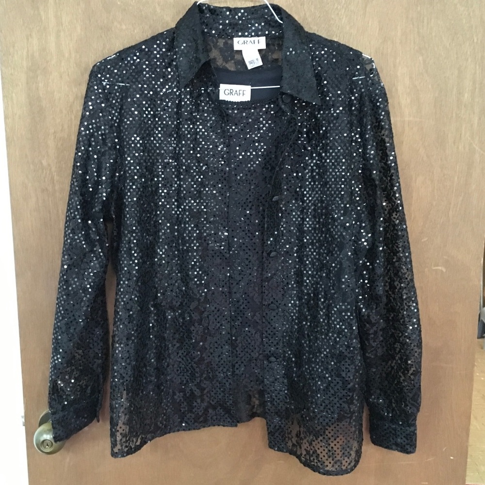 GRAFF Sparkly Black lace blouse & tank, size M